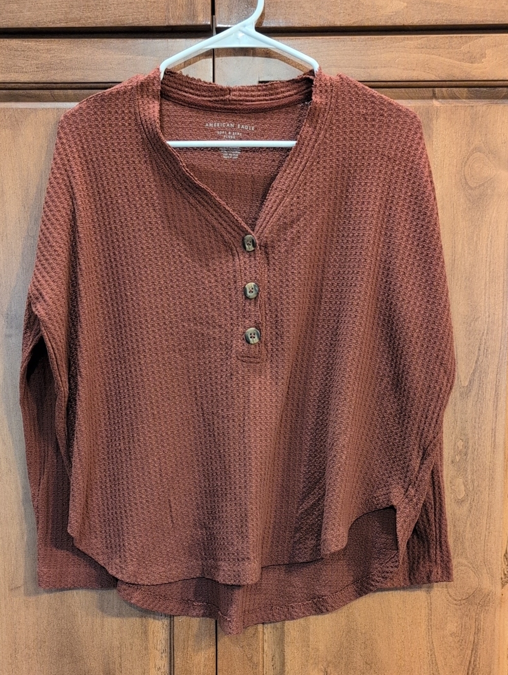 American Eagle Outfitters Waffle Henley Top - Rust Brown